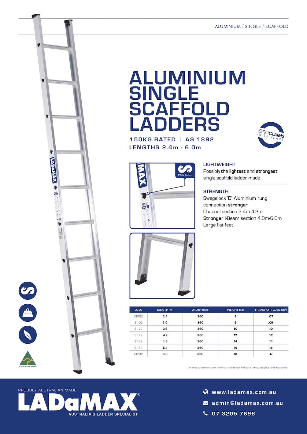 Ladamax Aluminium 150kg Single Ladder - 14 (4.2m)