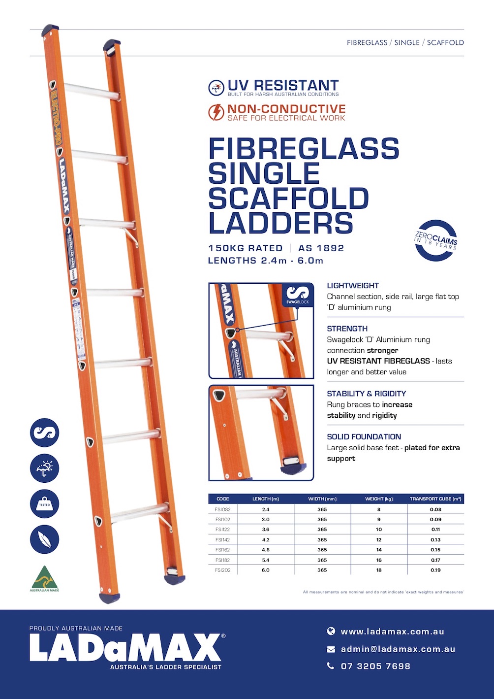 Ladamax Fibreglass Straight Ladder - 150kg Industrial Rated - 14' (4.2m) -  Aust Made FSI142