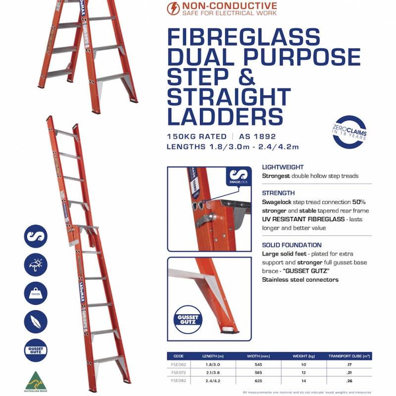 Ladamax Fibreglass Dual Purpose Step Extension Ladder 8" -14" (2.4m - 4.2m)